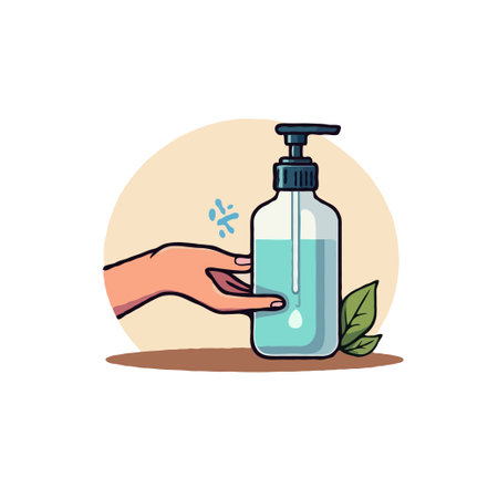 Illustration of a hand reaching for a sanitizer dispenser with leaves, promoting hygiene and health awareness.のイラスト素材