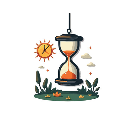 Whimsical illustration of an hourglass with sand flowing, sun, plants, and clouds, symbolizing the passage of time.のイラスト素材