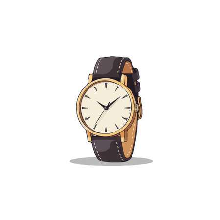 Detailed illustration of a classic wristwatch with a gold frame and dark leather strap. Perfect for fashion or time concepts.のイラスト素材