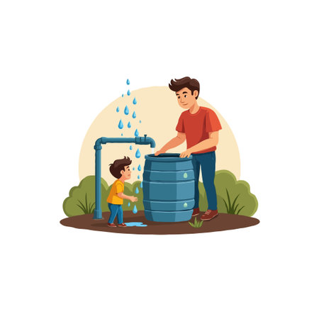 Illustration of a father and son collecting rainwater in a barrel, promoting sustainability and environmental awareness.のイラスト素材