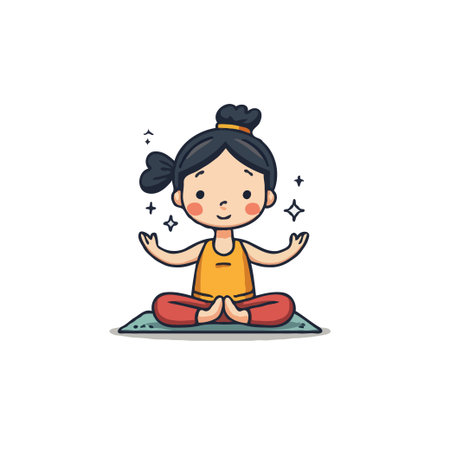 Adorable cartoon girl practices yoga and meditation on a mat. Illustration of mindfulness and wellness.のイラスト素材