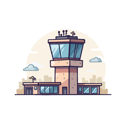 Stylized cartoon illustration of an airport control tower with a building, set against a soft, neutral background.のイラスト素材