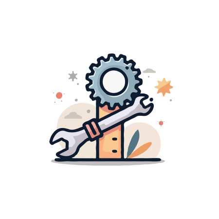 Illustration of a gear and wrench, symbolizing technical support, maintenance, or engineering solutions with a modern design.のイラスト素材