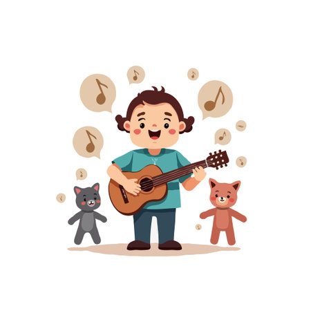 Cartoon illustration of a happy child playing the guitar, surrounded by stuffed animals and musical notes. Vector art.のイラスト素材