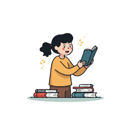 Illustration of a girl reading a book with stacks of books around her. Concept of education and knowledge.のイラスト素材