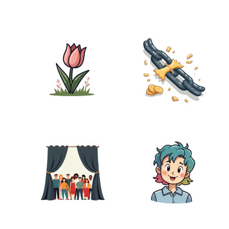 A collection of diverse icons featuring a tulip, a broken chain, a stage with performers, and a portrait of a person.のイラスト素材