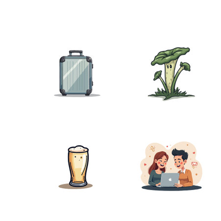 Collection of pixel art icons featuring a suitcase, mushroom, beer, and couple using a laptop, ideal for digital designs.のイラスト素材