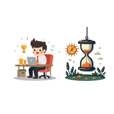 Cartoon illustration depicting a businessman working under pressure with beer on his desk, alongside an hourglass symbolizing time running out.のイラスト素材