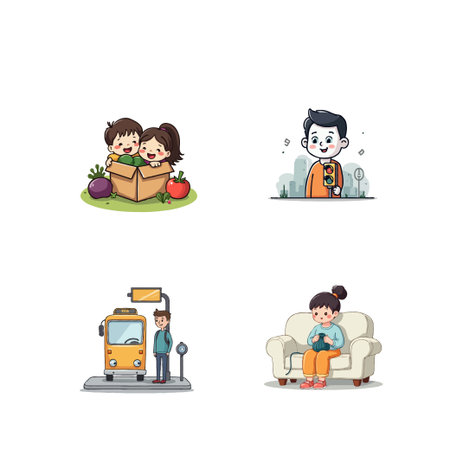 Collection of cute cartoon illustrations depicting people in different activities and settings. Vector illustration.のイラスト素材