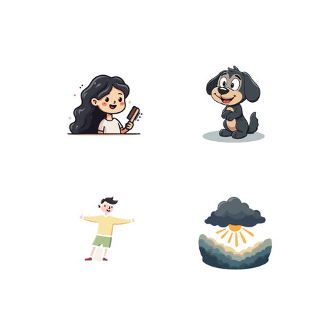 A collection of charming cartoon illustrations featuring a girl brushing her hair, a puppy, a boy...