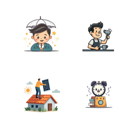 Collection of vector cartoon illustrations depicting business, renewable energy, and daily routine concepts. Ideal for web design, presentations, and educational materials.のイラスト素材