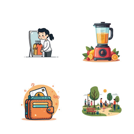 Collection of cartoon illustrations depicting everyday life activities, including shopping, making smoothies, managing finances, and relaxing in the park.のイラスト素材