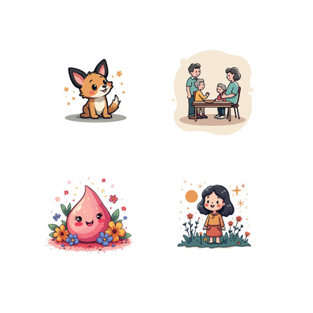 A collection of cute cartoon characters including a dog, family, water drop, and girl in a garden.のイラスト素材
