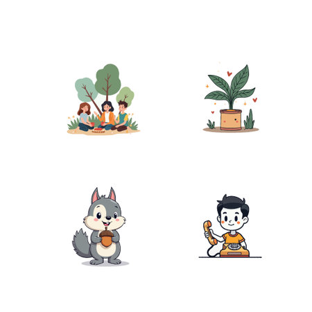 Collection of adorable cartoon characters and nature elements. Perfect for children's illustrations, educational materials, and creative projects.のイラスト素材