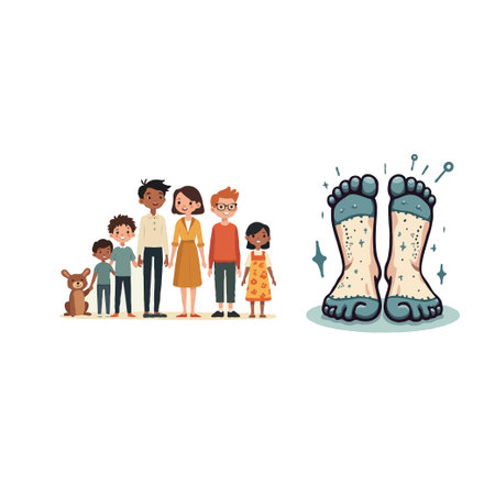 Cartoon illustration of a happy family standing together with a pair of feet with fungal infection.