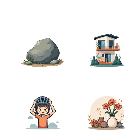 Cute cartoon illustrations featuring a house, rock, person with helmet, and flowers in a vase. Ideal for various creative projects.のイラスト素材