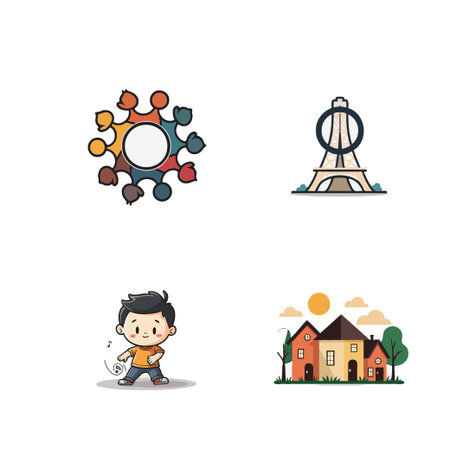 A collection of vector icons featuring a diverse community, the Eiffel Tower, a boy playing, and residential houses.のイラスト素材