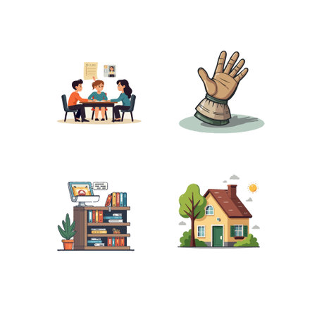 A collage of diverse scenes: a meeting, a hand, a bookshelf, and a house, showcasing various aspects of life and interests.のイラスト素材