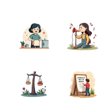 Collection of cartoon illustrations depicting community engagement activities, such as cooking, speaking, justice, and writing.のイラスト素材