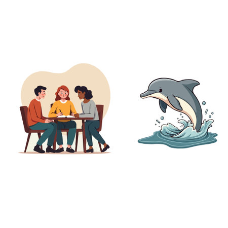 Cartoon illustration of a team meeting and a dolphin jumping out of the water, isolated on a white background.のイラスト素材