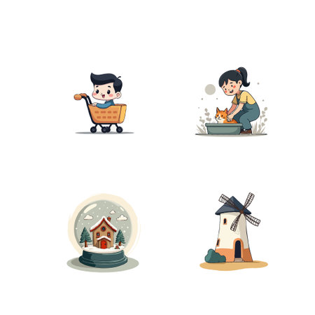Collection of adorable cartoon illustrations featuring a boy in a cart, girl with a cat, snow globe, and windmill.のイラスト素材