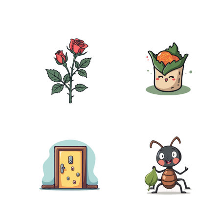Charming collection of cartoon objects including a rose, dumpling, door, and ant, perfect for various creative projects.のイラスト素材