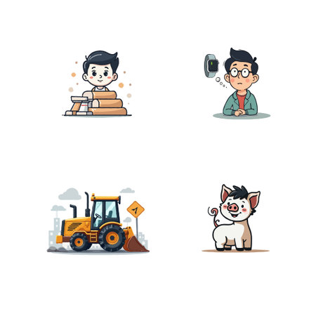 A set of adorable cartoon illustrations featuring a boy with wooden logs, a man thinking of a smartwatch, a construction vehicle, and a cute pig.のイラスト素材