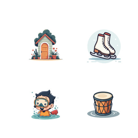 Collection of cute, cartoon-style icons featuring a house, ice skates, a child diver, and a drum, perfect for diverse projects.のイラスト素材