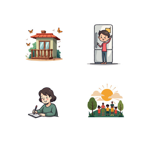 Illustration showing family, house, writing and fridge in cartoon style. Perfect for family, home, lifestyle and education content.のイラスト素材