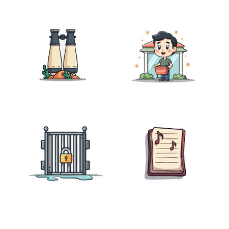 A set of four cute cartoon illustrations featuring binoculars, a boy with a basket, a locked gate, and sheet music.のイラスト素材