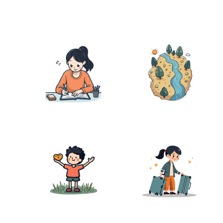 Collection of cute cartoon characters doing different activities. Includes studying, traveling, and showing love.のイラスト素材