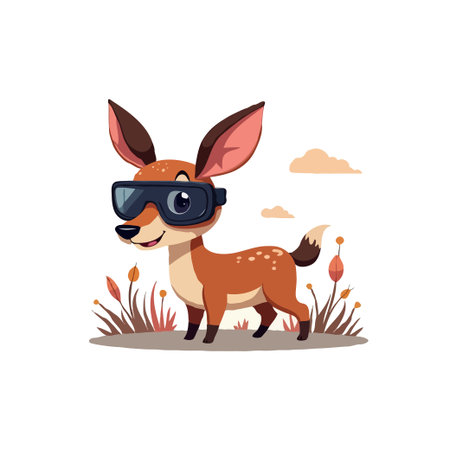 Cute cartoon deer wearing virtual reality goggles, standing in a grassy field with a whimsical, playful style.のイラスト素材