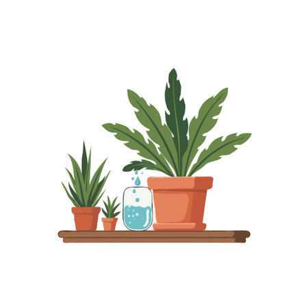 Collection of potted houseplants on a wooden shelf, with water droplets falling into a glass jar. Home decor concept.のイラスト素材