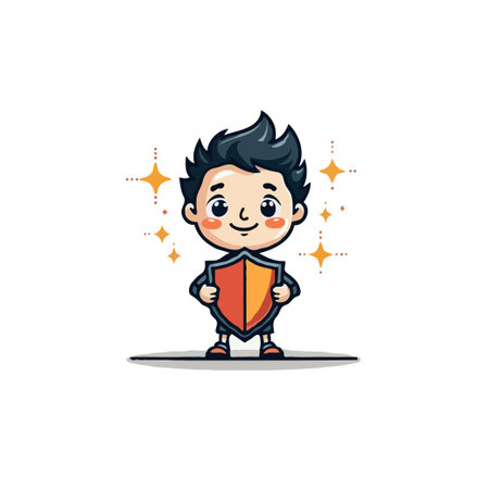 Cute cartoon boy holding a shield. Vector illustration for safety, protection, and security concepts. Mascot design.のイラスト素材