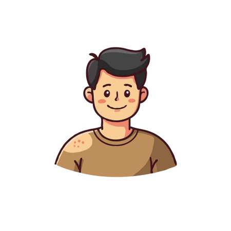 Cartoon illustration of a smiling man with dark hair wearing a brown shirt. Simple and friendly...