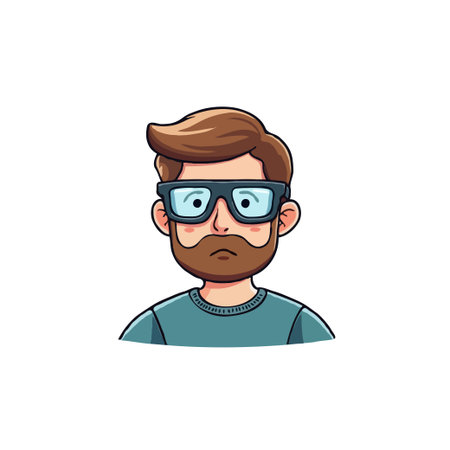 Illustration of a cartoon man with brown hair, beard, wearing glasses and a blue shirt. Isolated on...