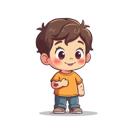 Adorable cartoon illustration of a young boy with brown hair, wearing a yellow shirt and jeans, standing and smiling.のイラスト素材
