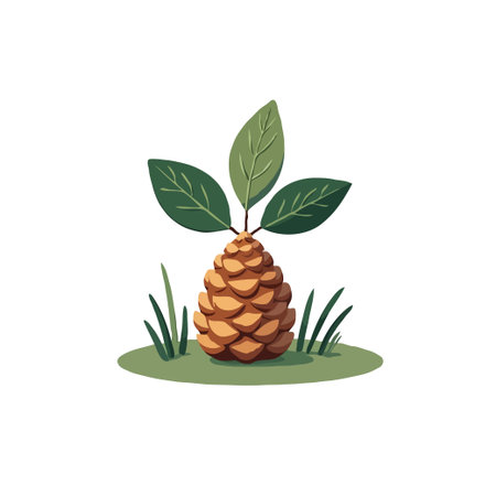 Illustration of a pine cone with three leaves sprouting from the top, set on a grassy patch. Isolated on white.のイラスト素材