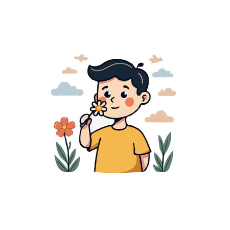 Cute cartoon illustration of a boy smelling a flower in a garden with plants and clouds. Vector design.のイラスト素材