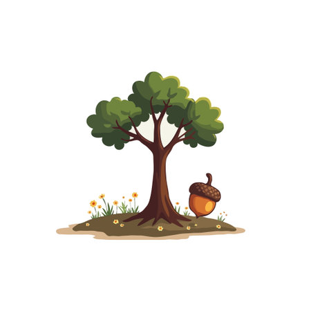 Charming cartoon illustration of an oak tree with green leaves and a single acorn in a whimsical setting.のイラスト素材