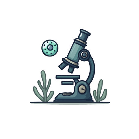 Illustration of a microscope with a cell, surrounded by plants. Perfect for science and education related themes.のイラスト素材