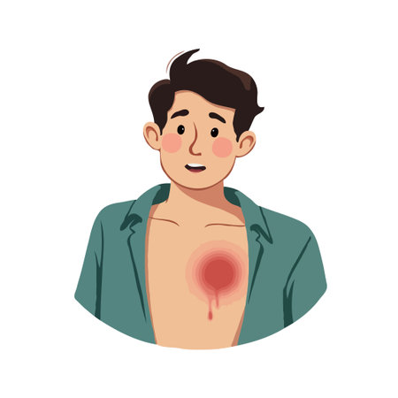 Illustration of a man with a chest wound bleeding. Suitable for medical, health, and safety related content.のイラスト素材