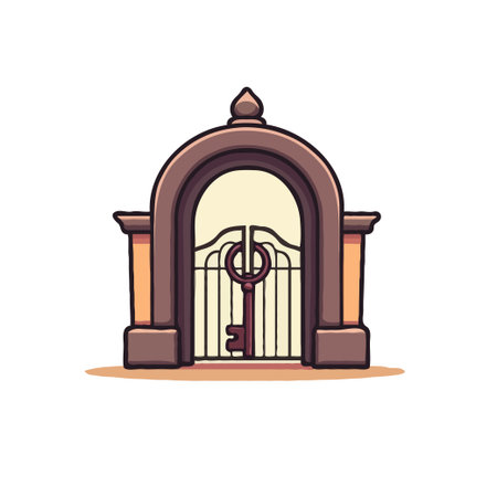 Whimsical cartoon illustration of an arched gate with a key, perfect for fantasy or fairytale themes.のイラスト素材