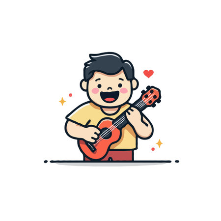 Cute cartoon illustration of a boy playing ukulele with joy and heart, perfect for music education or children's content.のイラスト素材
