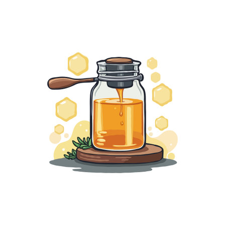 Charming pixel art illustration of a honey jar with a wooden spoon, set against a backdrop of honeycombs.のイラスト素材