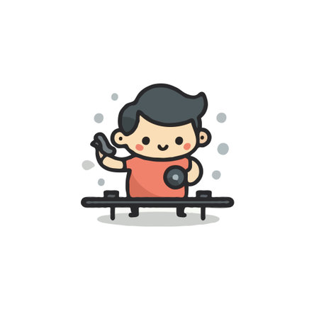 Adorable cartoon illustration of a boy playing ping pong, perfect for children's content and recreational themes.のイラスト素材