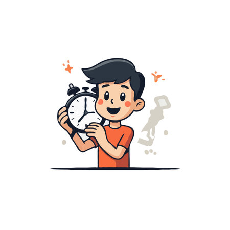 Cartoon illustration of a young boy holding an alarm clock, symbolizing time management and punctuality, isolated on white.のイラスト素材