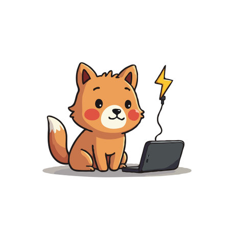 Adorable cartoon fox sits at a laptop, connected to a lightning bolt charging cable. Perfect for tech and animal themes.のイラスト素材