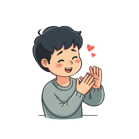 Cartoon illustration of a happy boy clapping his hands with hearts above him, expressing joy and appreciation.のイラスト素材