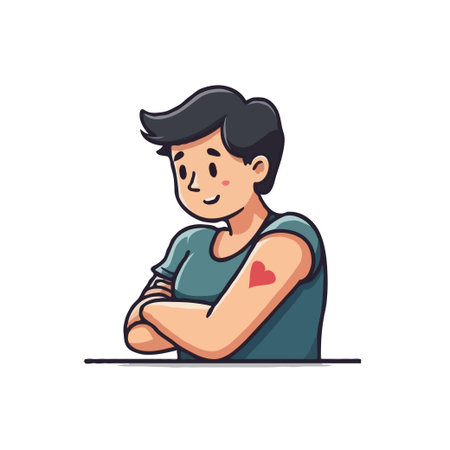 Cartoon illustration of a confident young man with a heart tattoo on his arm, standing with arms crossed.のイラスト素材